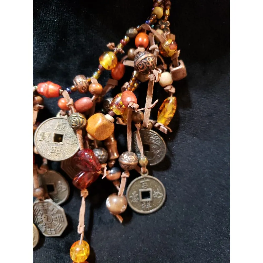 Women Boho Multi Coin Stones Beads Suede Cord Charm Cluster Bib Necklace Jewelry Brown - Image 5
