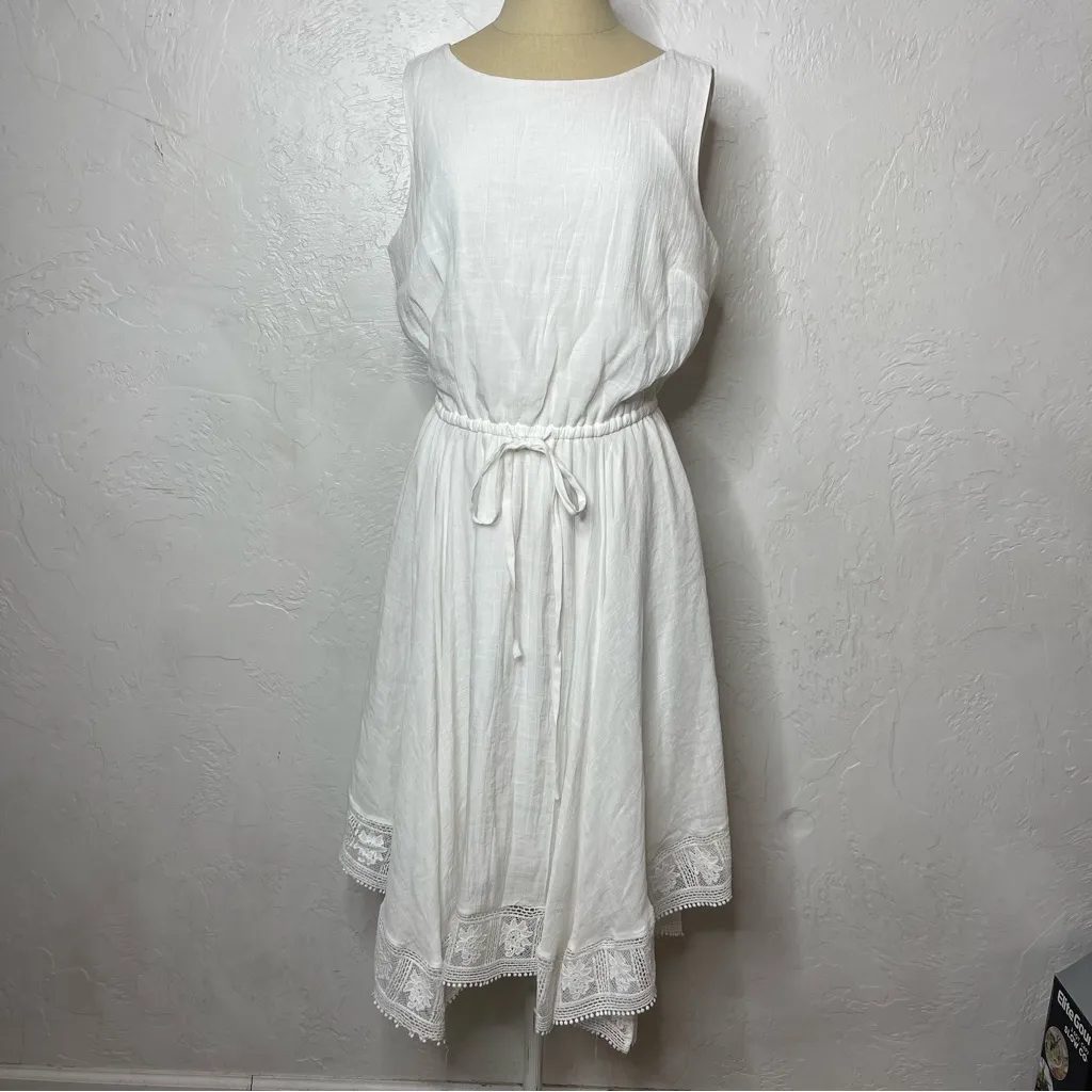 NEW Candalite Size Medium White Midi Dress Handkerchief Lace Trim Boho - Image 2