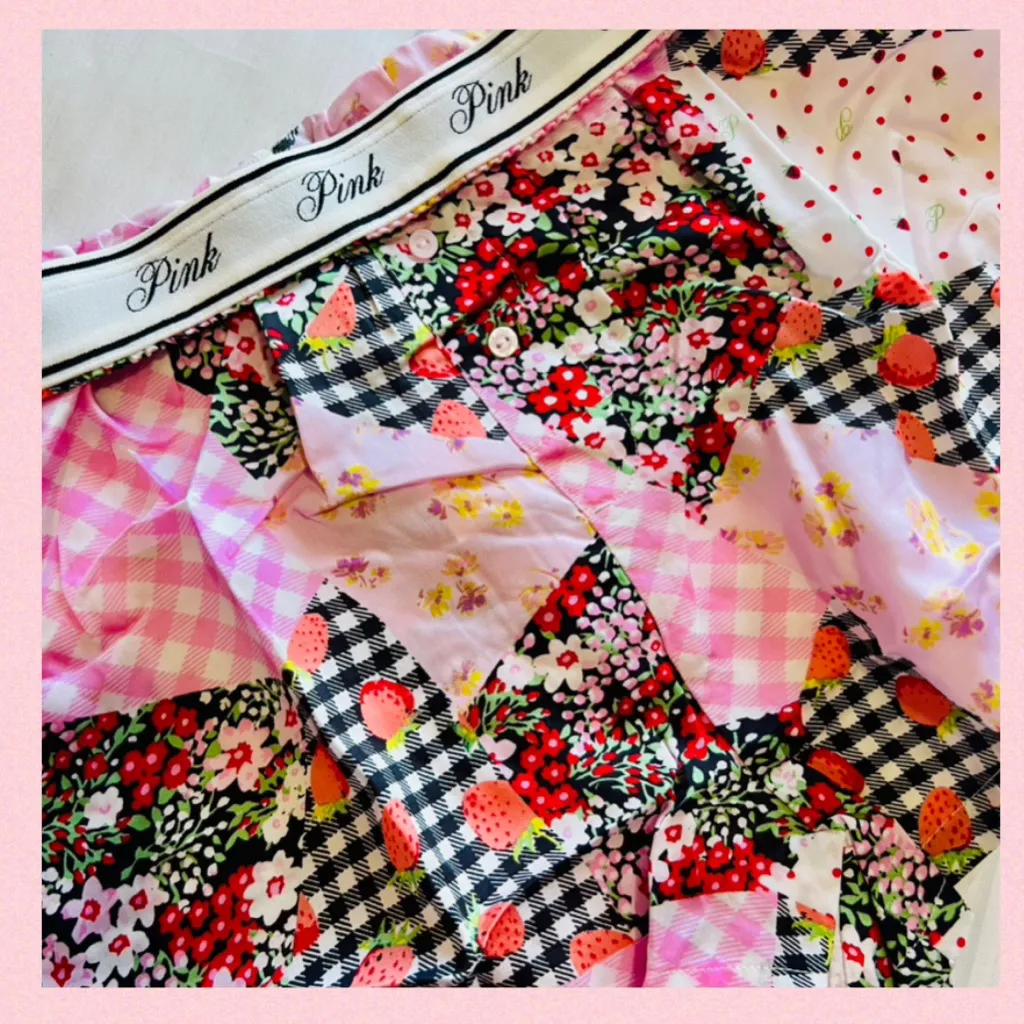 PINK VICTORIA’S SECRET Silky Pajama Shorts Patchwork Gingham Berries Floral M - Image 7