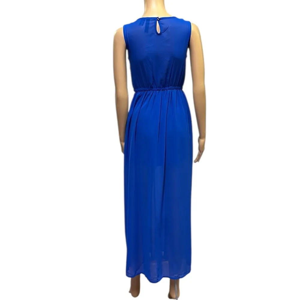 Fun Flirt Blue Embroidery Flowy Open Skirting Sleeveless Midi Maxi Dress Small - Image 8