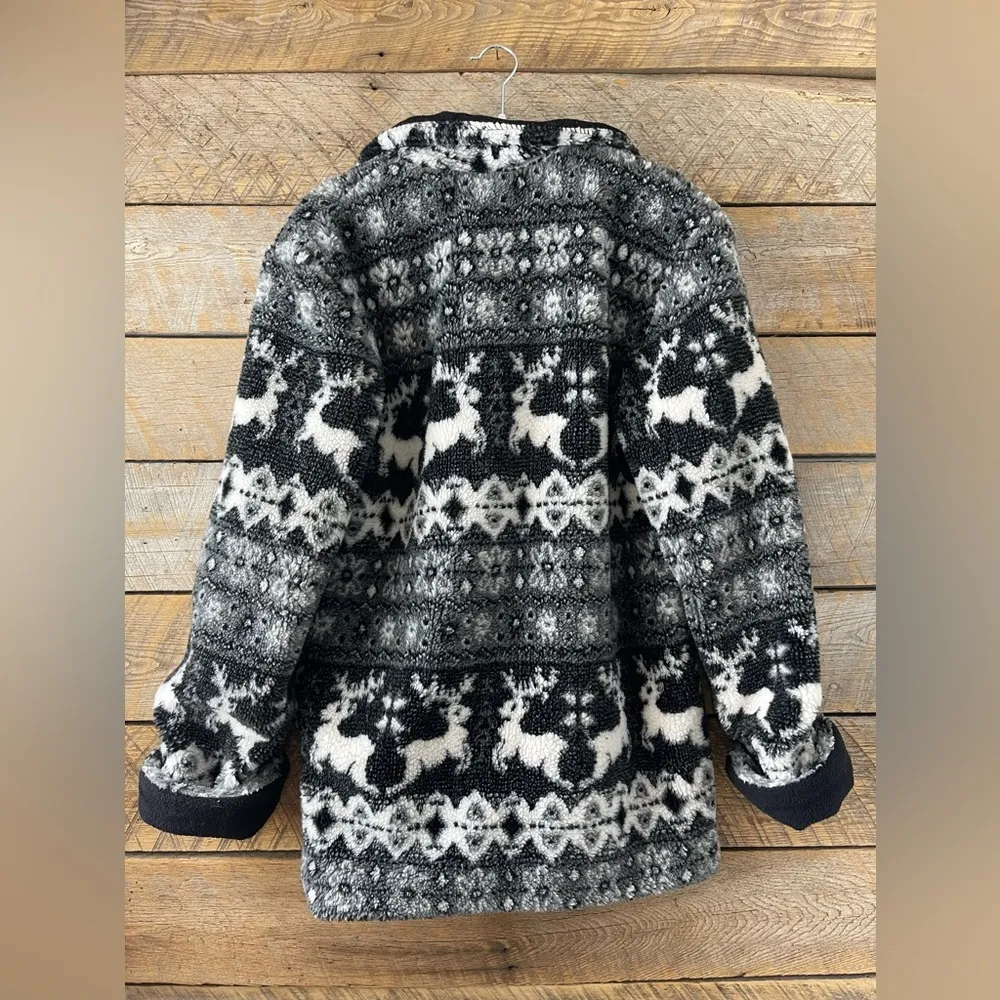 Real Comfort Fleece Coat Women's Nordic Deer Size Medium Jacket Vintage Black - Image 2