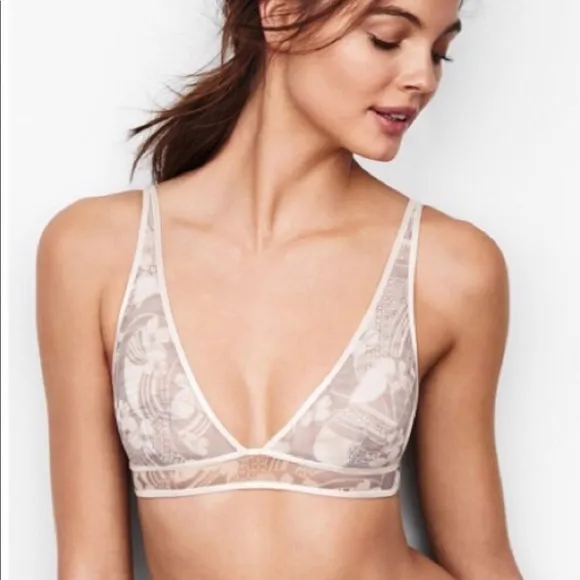 Victorias Secret Sheer Mesh unlined wire free gray floral bra bralette AB A B S - Image 20