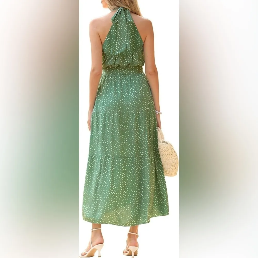 PRETTYGARDEN Halter Neck Sleeveless Maxi Dress tiered Sundress, polka dot, sz S Green - Image 3