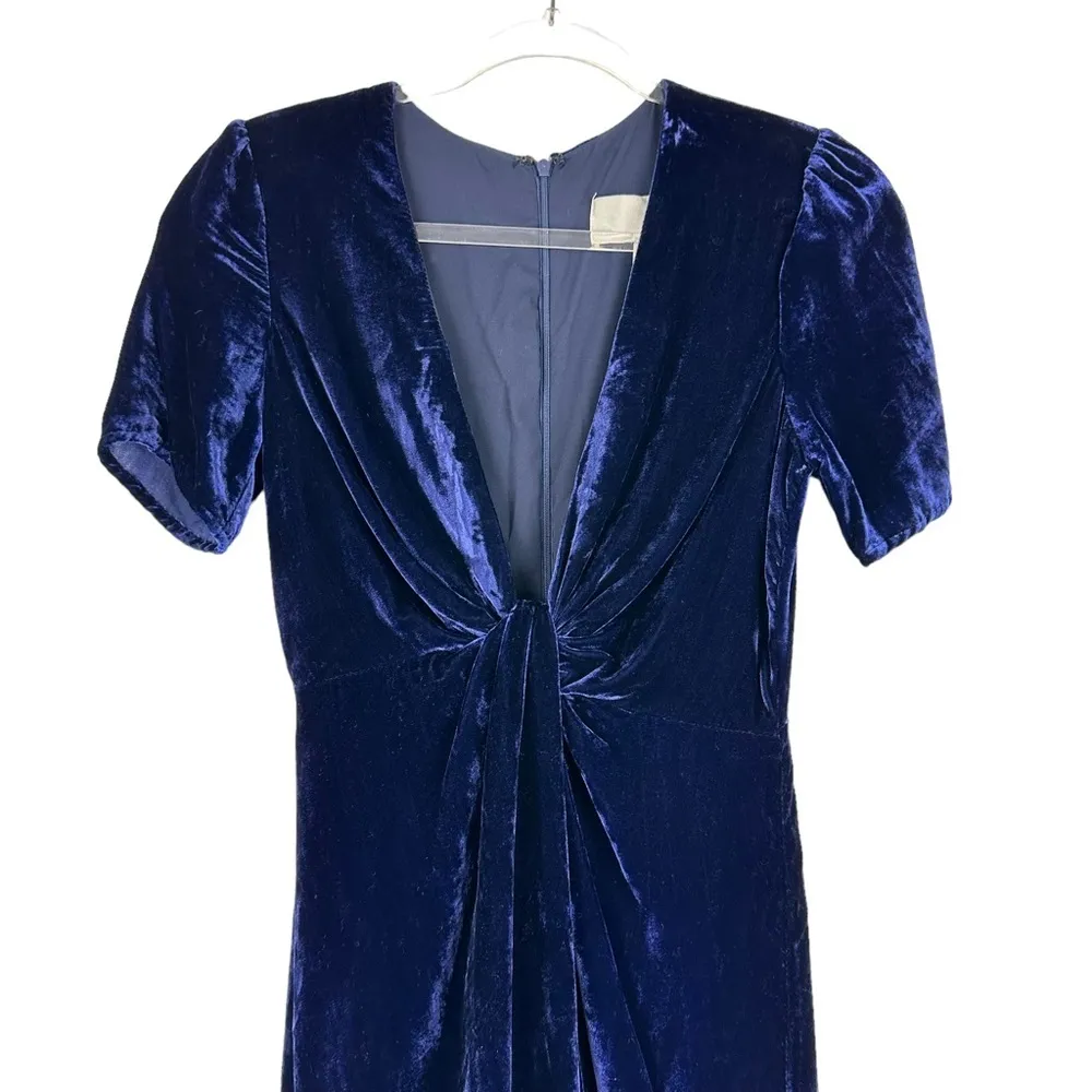 J.O.A.‎ Sz XS Women's Blue Deep Vneck Velvet Front Slit Hi Low Maxi Dress - Image 6