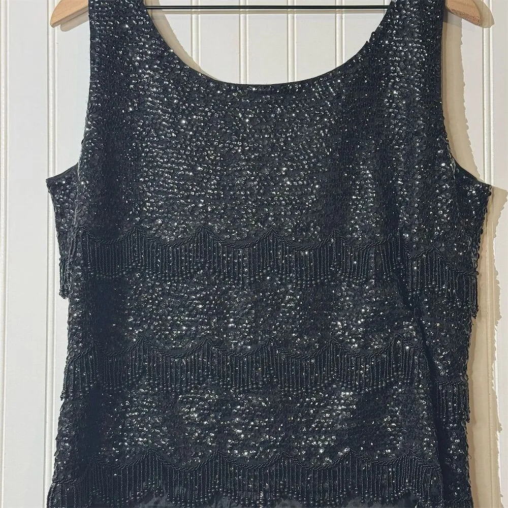 Vintage De Paul Originals 80s Beaded Sequin Top Black Flapper Gatsby Art Deco 40 Size L - Image 3