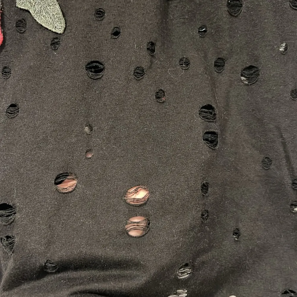 Local Lab Women's  T- Shirt Sz s Rose Embroidered Factory Distressed Holes Black - Image 4