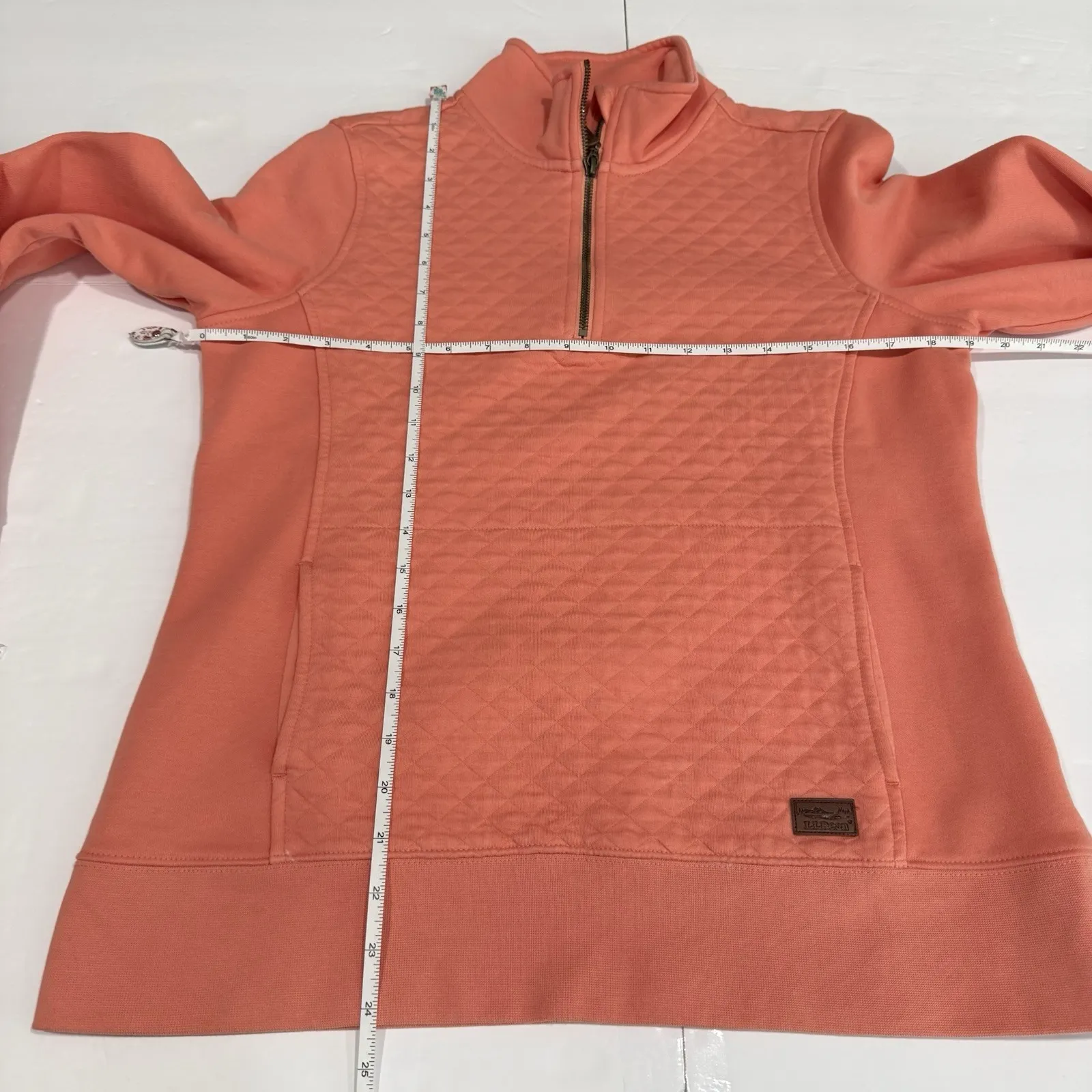 LL Bean Coral Quilted 1/4 Zip Pullover Sweatshirt Pockets Size SMALL PETITE - Image 7