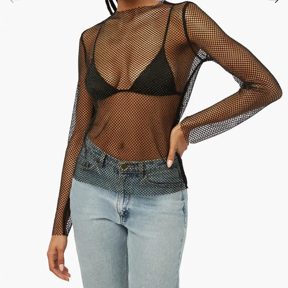 NWT WeWoreWhat Mesh Crystal Mock Neck Long Sleeve Sheer Rhinestone Sparkly Top M - Image 3