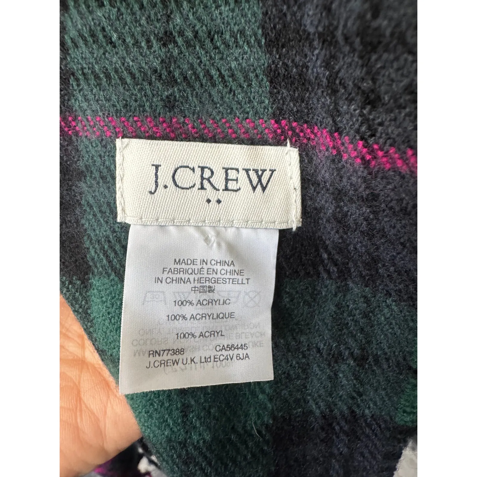 J.Crew Green Black Pink Plaid Fringe Scarf Acrylic Winter Wrap 90” x 24.5” - Image 3