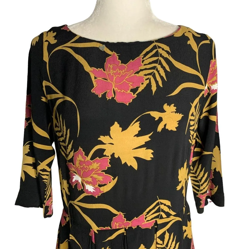 Violet Fish Bohemian Pleated Midi Dress S Black Floral 3/4 Sleeve Zip Boho - Image 2