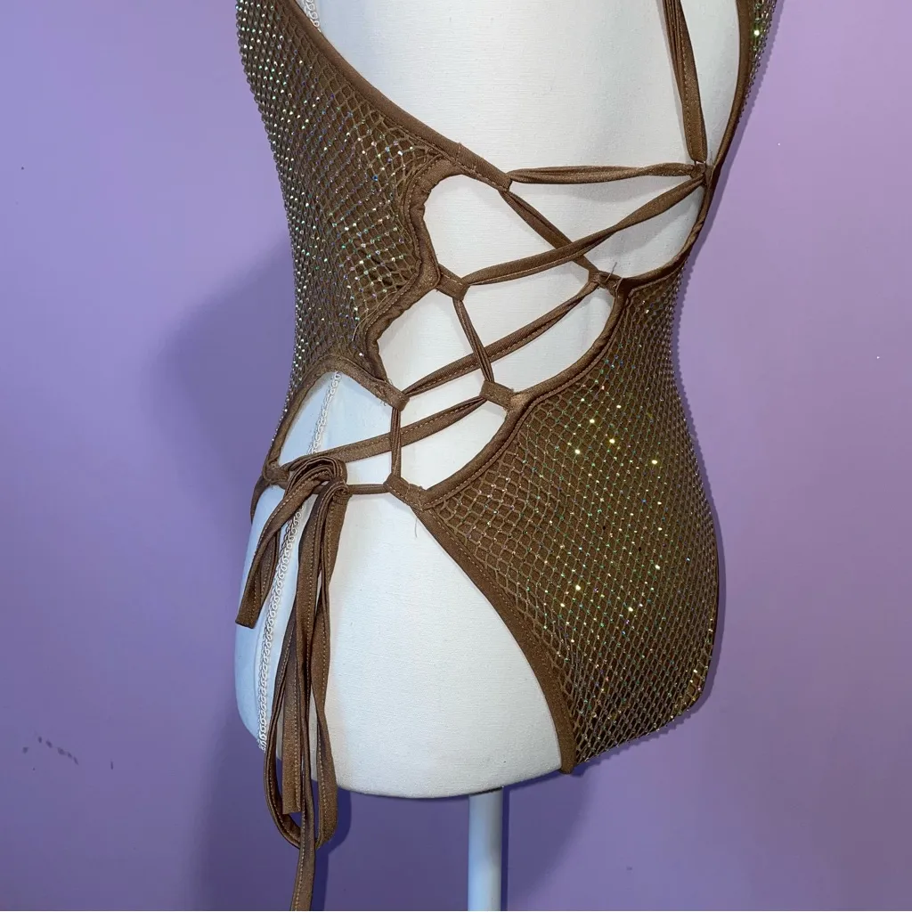 PrettyLittleThing Mocha Fishnet Diamante Asymmetric Lace Up Swimsuit S One Piece - Image 7