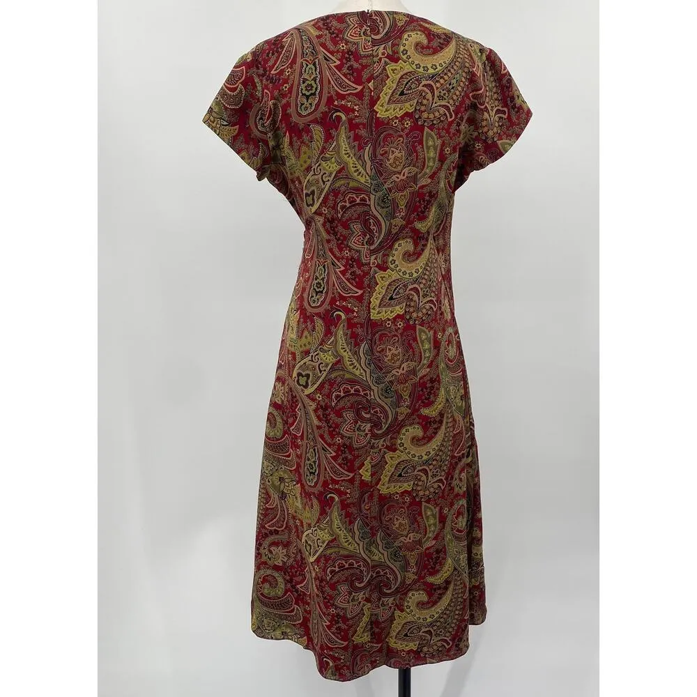 Vintage 90s Ralph Lauren Silk Paisley Knee Length Dress Faux Wrap Red Green S - Image 5