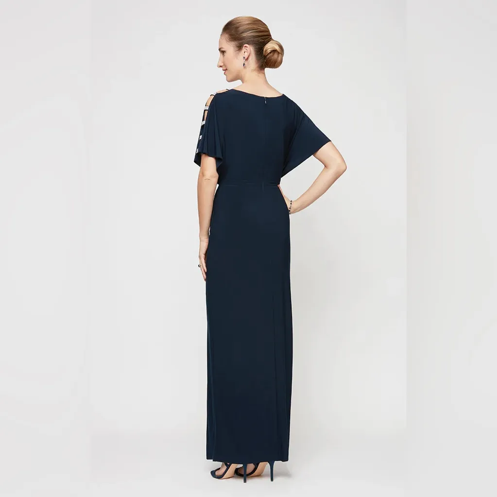 NWT Alex Evenings Long Knot‎ Front Dress Navy Blue Bling Sleeve Cutouts Size 10 - Image 3