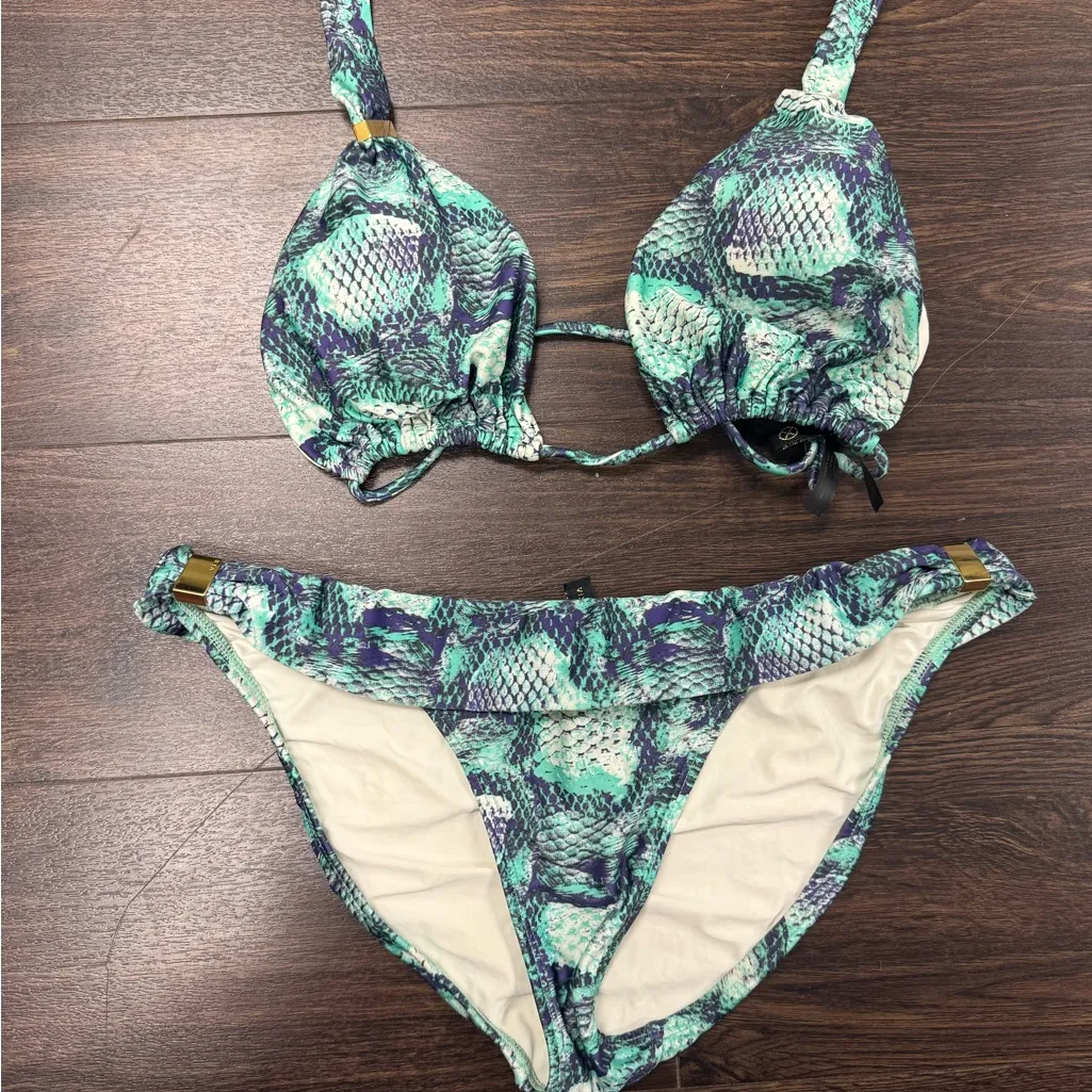 Vix Paula Hermanny Bikini Set Teal Purple Snakeskin Print Gold Hardware large Green - Image 1