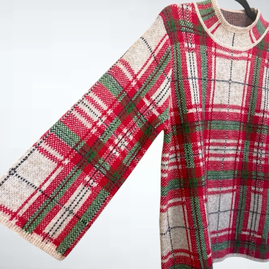 Entro Holiday Plaid Knit Sweater in Taupe Size S - Image 3
