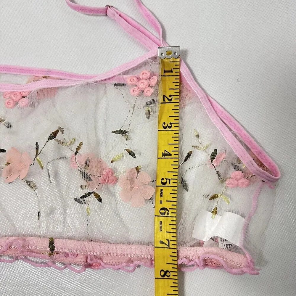 Coquette Bralette Top Lace Sheer Mesh Pink Embroidered Sexy Babydoll Lingerie L - Image 6