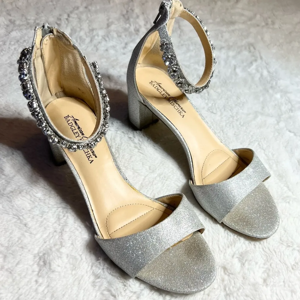 Badgley Mischka Silver Glitter Rhinestone Embellished  Ankle Strap Block Heels - Image 2