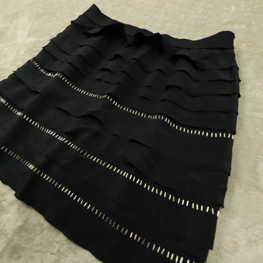 BCBG Max Azria Women's Black Silk Chiffon Ruffle‎ Beaded Mini Skirt size XS NWT - Image 4