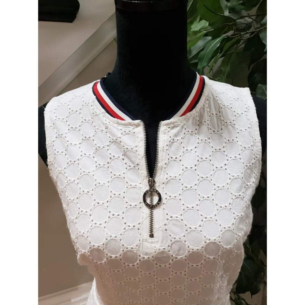 Tommy Hilfiger Womens White Eyelet Sleeveless Half Zip Front A Line Dress Size M - Image 3