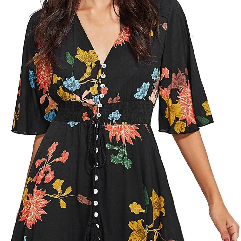 Women's Boho Button Up Split Floral Print Flowy Party Dress S - Image 3