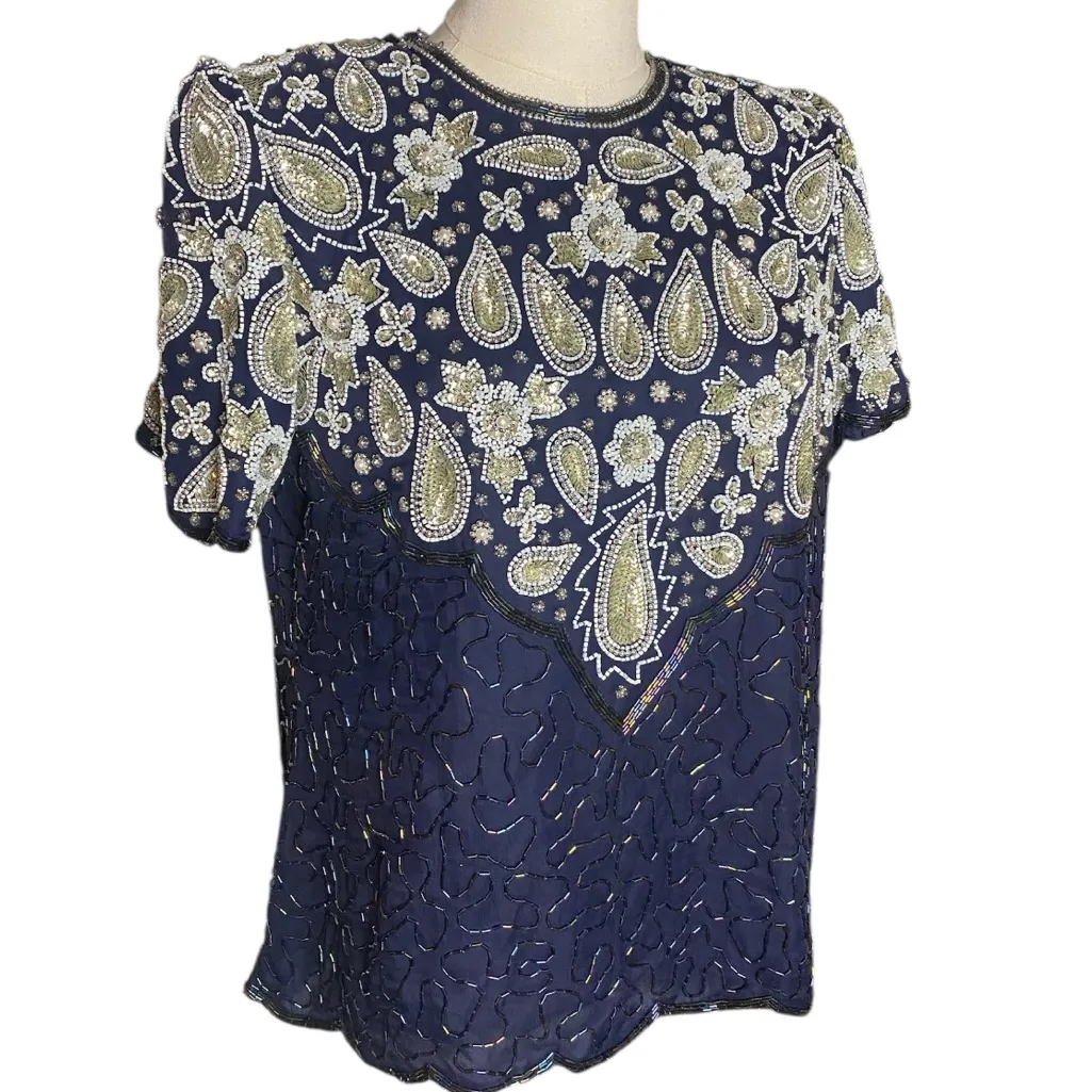 Vintage Lawrence Kazar Navy Blue
Beaded Silk Paisley Top PM - Image 2