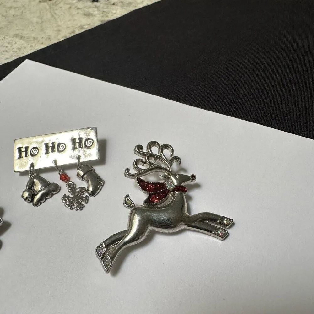Lot Of 3 Christmas Brooch Pins Silver Tone Ho Ho Ho, Reindeer Etc - Image 5