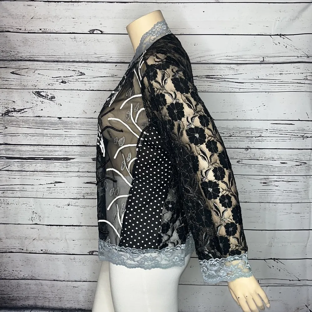 Dressbarn Woman Size 3X Floral Lace Polka Dot Sequin Zip Front Cardigan Jacket - Image 5