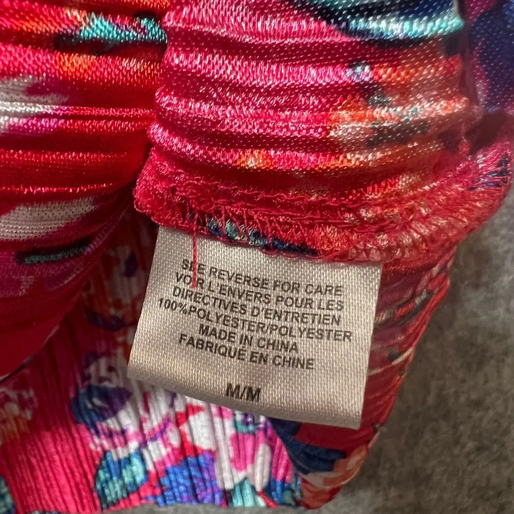 H.I.P. Floral Cold Shoulder Top Pleated Accordion Red Pink Summer Blouse Size‎ M - Image 6