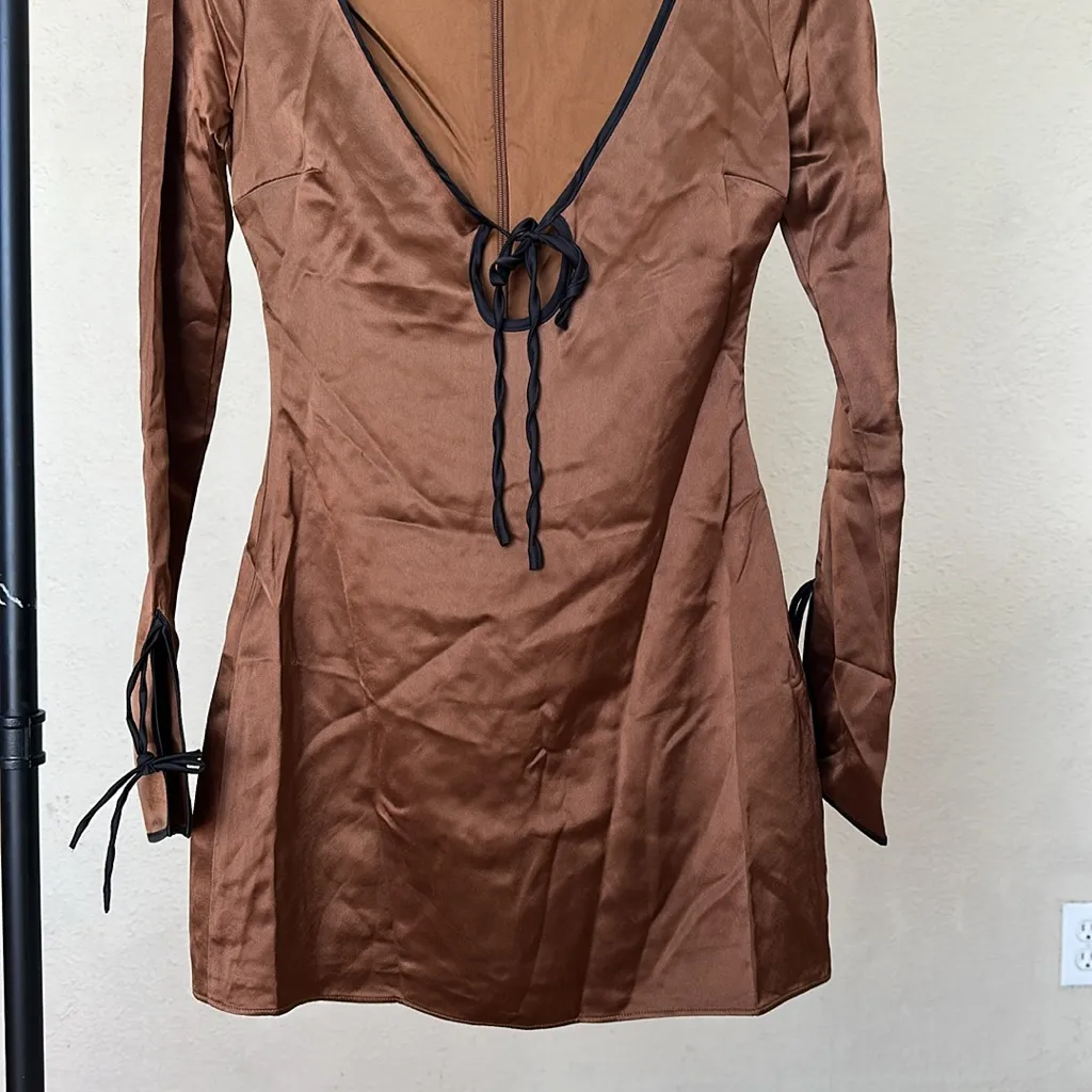 HOUSE OF CB Sakina Long Sleeve Satin Minidress Espresso‎ Coffee Brown NWOT sz M - Image 11