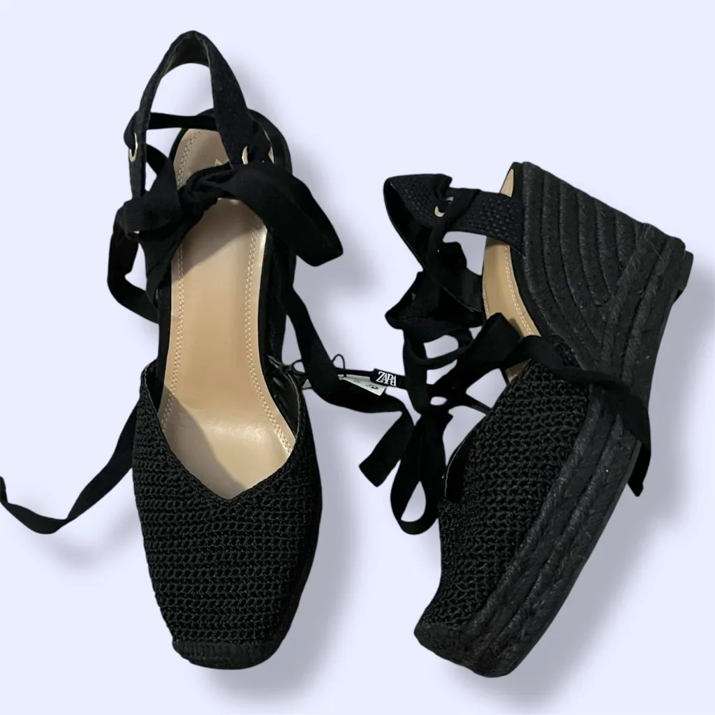 Zara Black Crochet Wedge Espadrilles Heels - Image 3