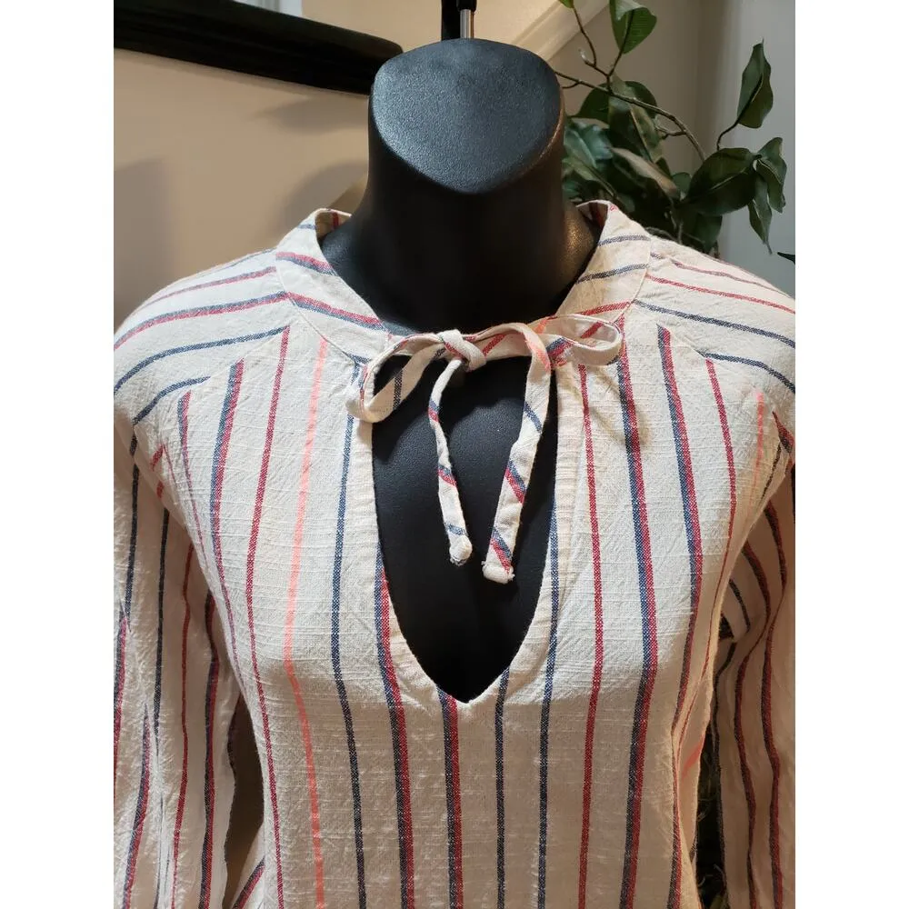 Sundry Shirt Dress Women's 0 White Striped Cotton Long Sleeve Keyhole Tie Front - Image 5