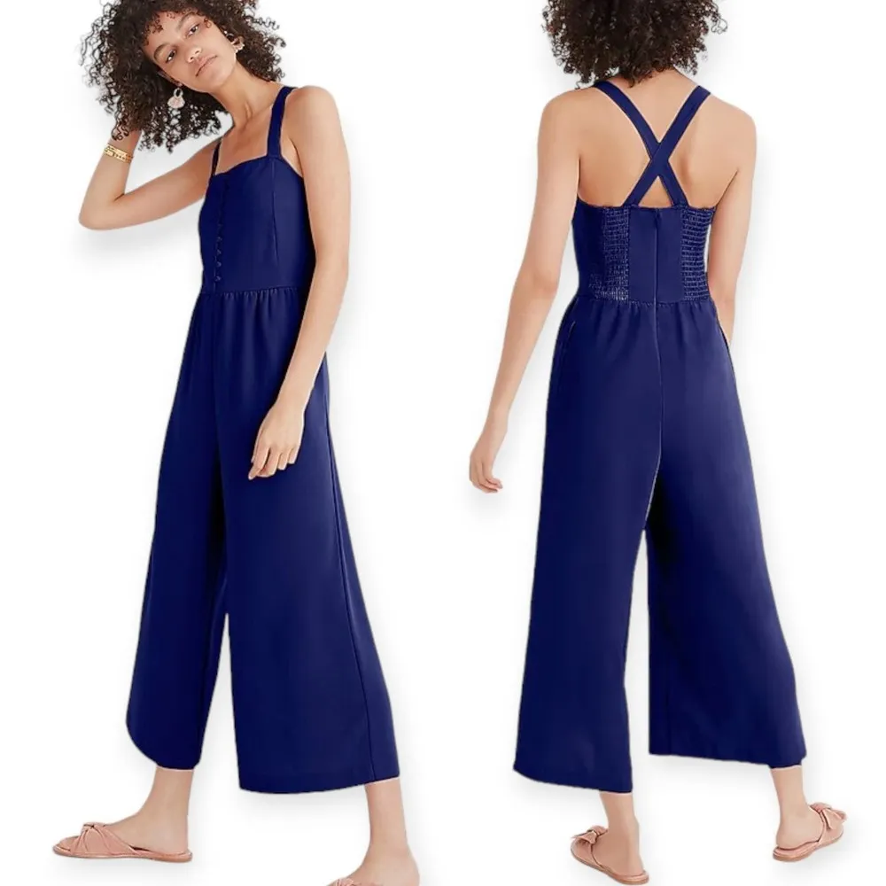 Madewell | Size 2 | Navy Blue Smocked Button-Front Cropped Wide-Leg Jumpsuit - Image 2