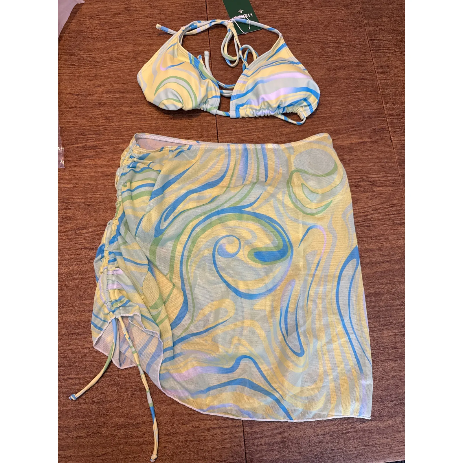 Brand New Halara Geometric Print Tie Back Side Drawstring 3-Piece Swimsuit M - Image 6