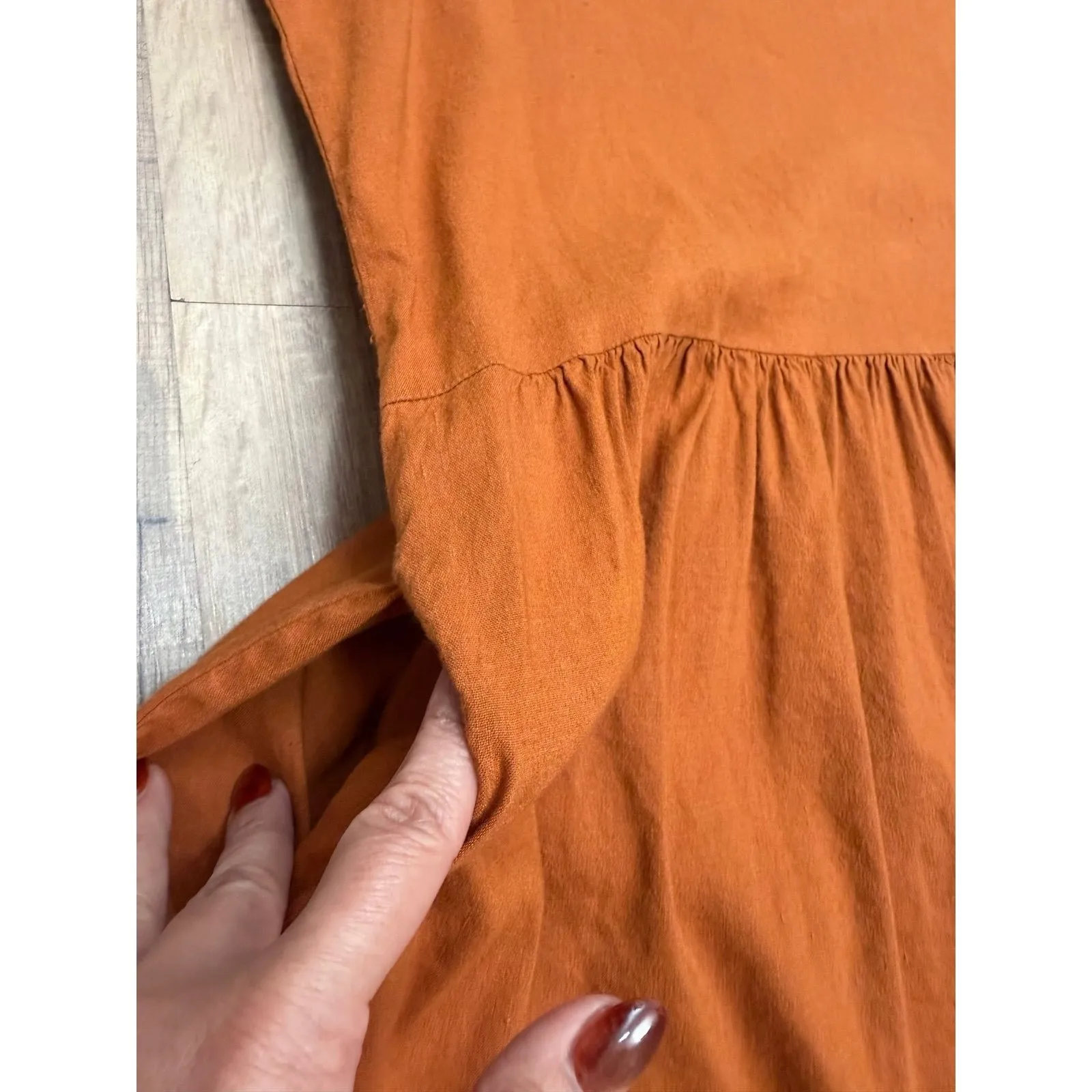 LOFT Linen Blend Babydoll Midi Dress Rust Orange V-Neck Short Sleeve Size L‎ - Image 7