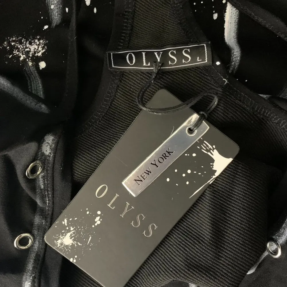 Olyss Hand Painted Fabulous Cut Out Top XL Black Long Sleeve Rhinestones Rivets - Image 7