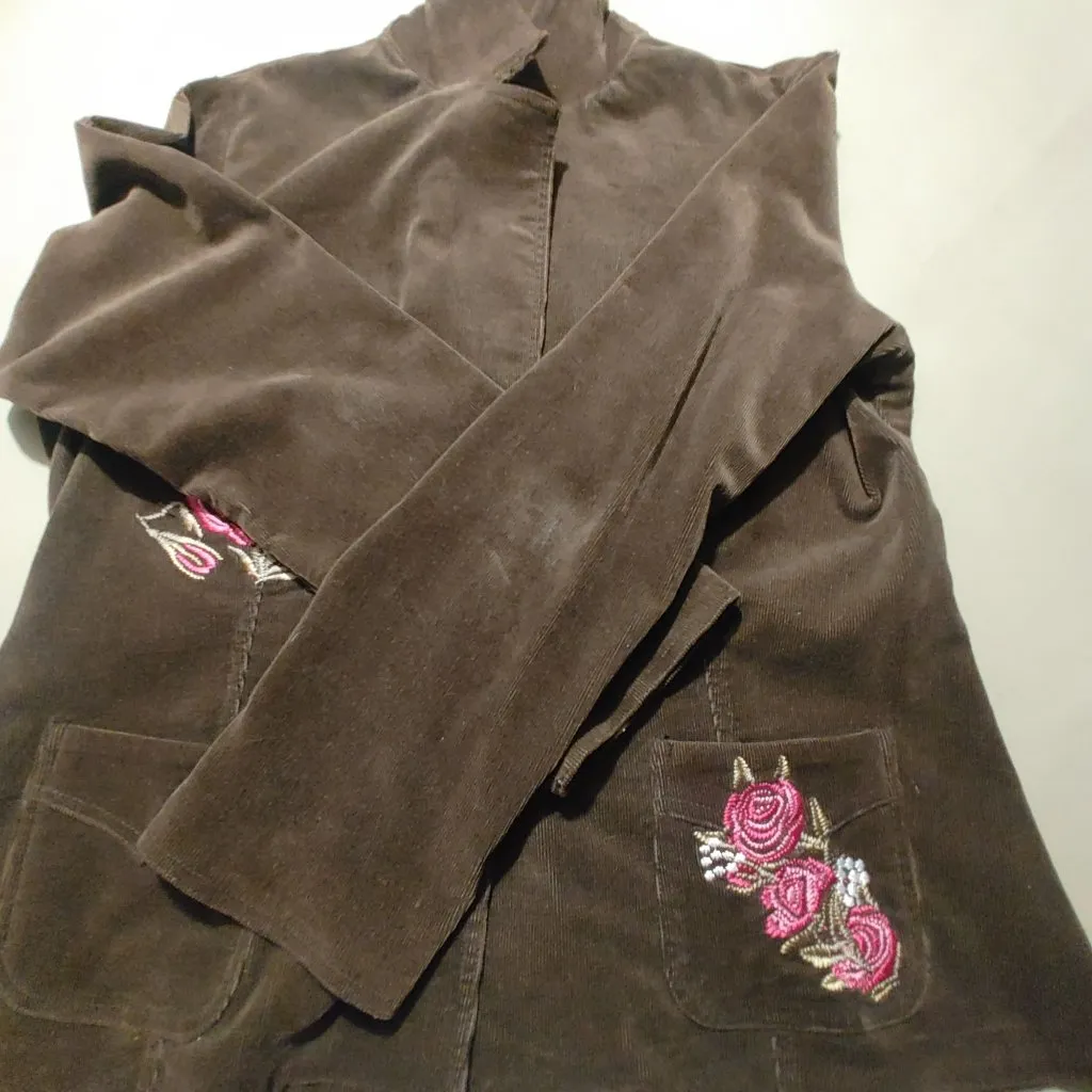 Corduroy Blazer Size XL Embroidered Roses Vintage Brown Pink Pockets Button - Image 9