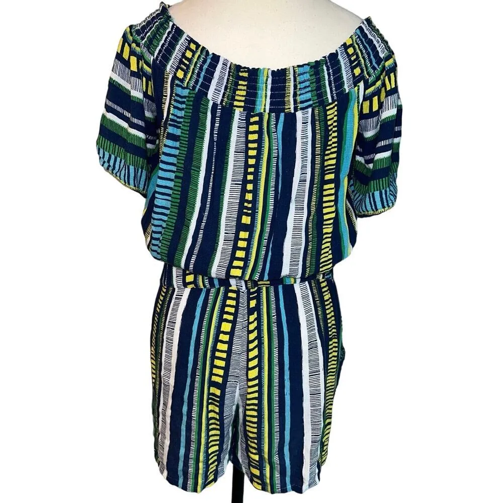 LOFT Beach Striped Off Shoulder Shorts Pull On Romper Pockets Size XS Vacation - Image 6