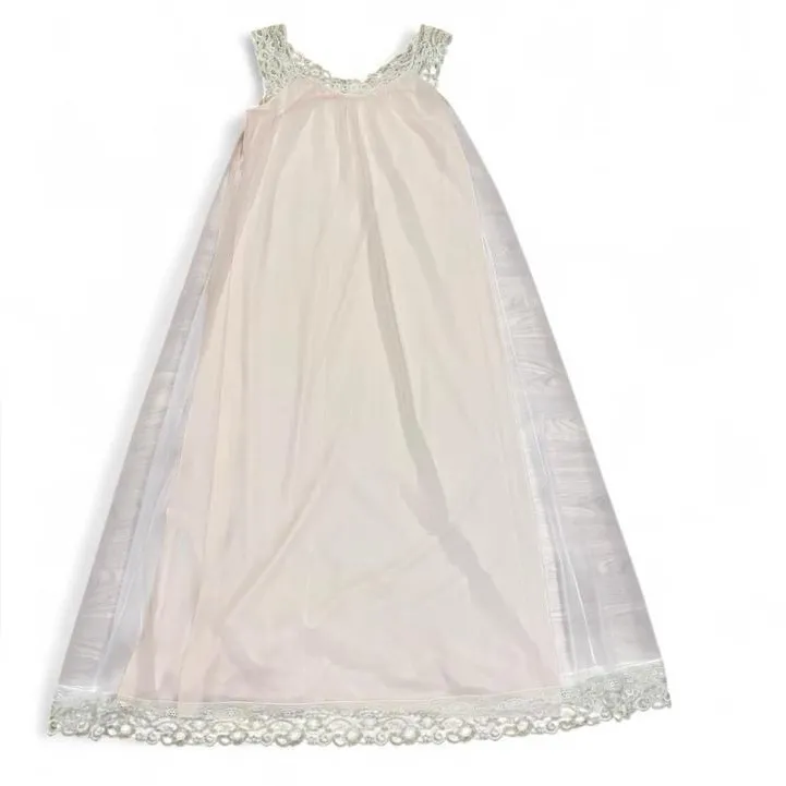 Vintage 1980s coquette baby pink maxi lingerie dress with lace trim - Image 3