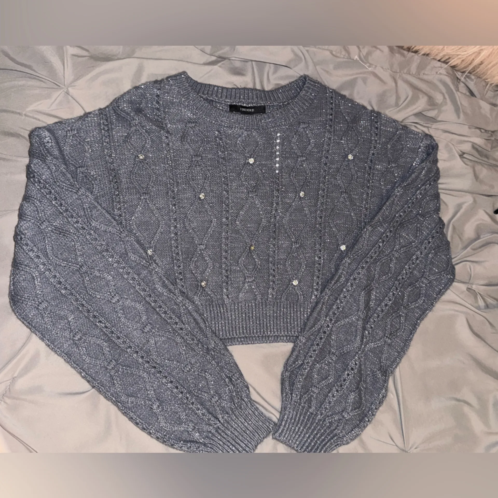 Forever 21 Grey Embellished cropped Cable Knit Sweater - Image 2