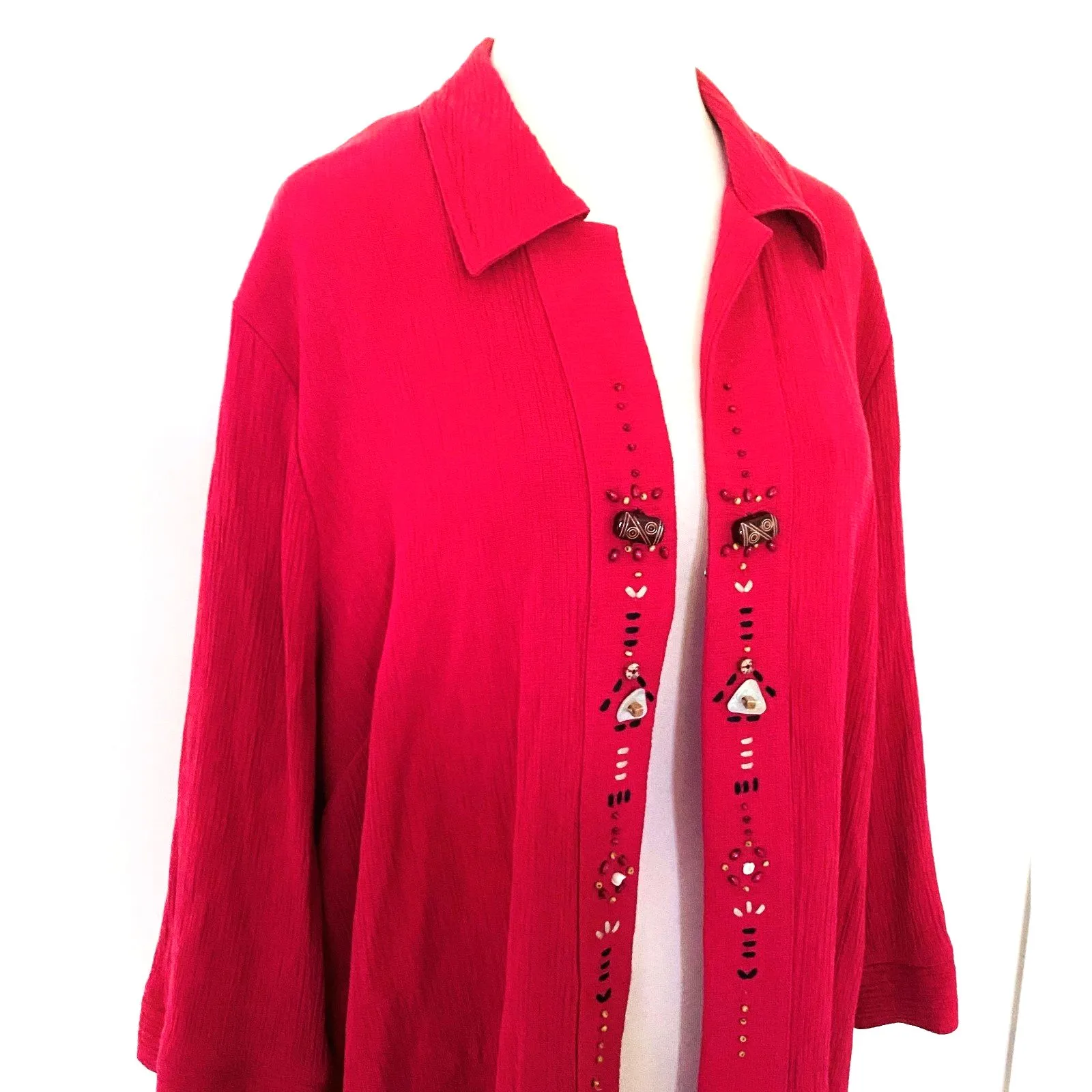 Koret Woman Beaded 3 4 Sleeve Open Cardigan Top Cover Up Lightweight Layer 22w Red - Image 3