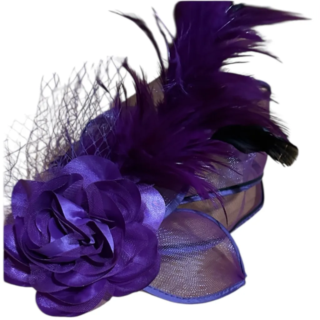 Elegant Purple Feathered, Mesh & Ribbon Fascinator with hair clip - Image 3