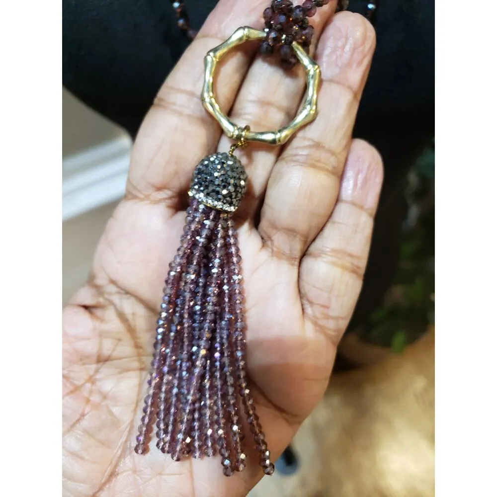 Womens Purple Aurora Borealis Faceted Glass Beaded Tassel Long Necklace Jewelry - Image 5