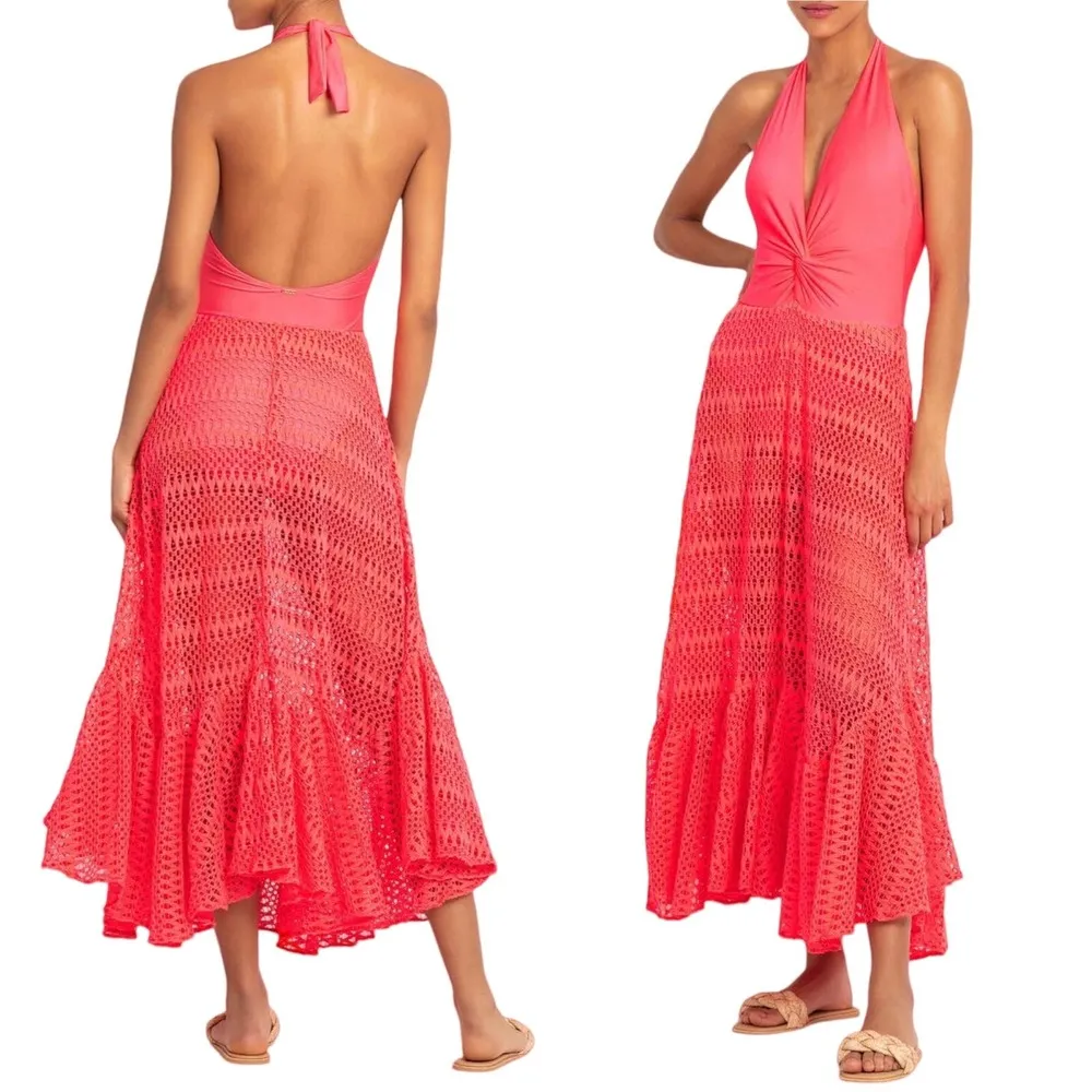 PATBO Crochet Beach Dress Halterneck Neon Coral Resort Influencer Medium NWT - Image 3