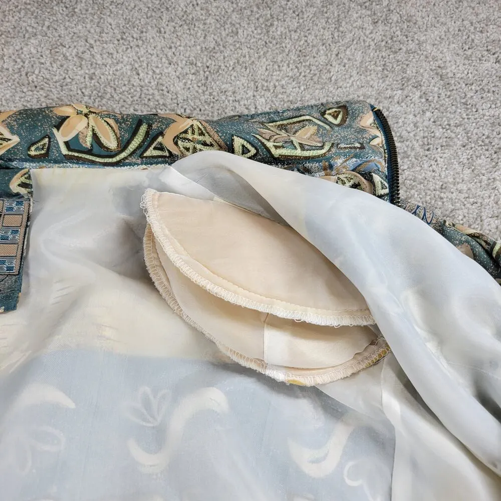 VINTAGE Otello Pelle Silk Track Suit M Green Yellow Print Shoulder Pads 80s Size M - Image 7