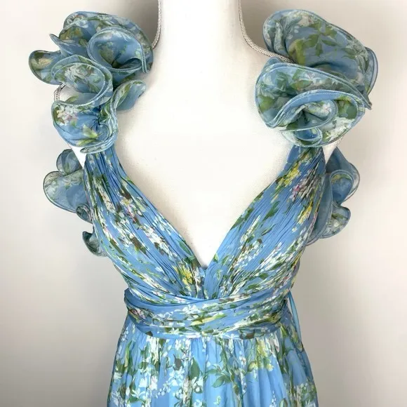 Mac Duggal Ruffle Tiered Floral Cut Out Chiffon Gown Blue Multi 67803 Size 2 - Image 4