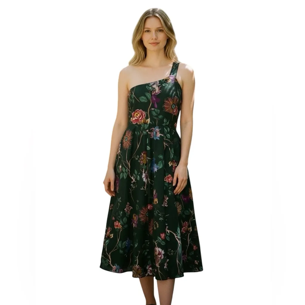 NWT Avec Les Filles Emerald Green One Shoulder Floral Midi Dress Garden Print 4 - Image 3