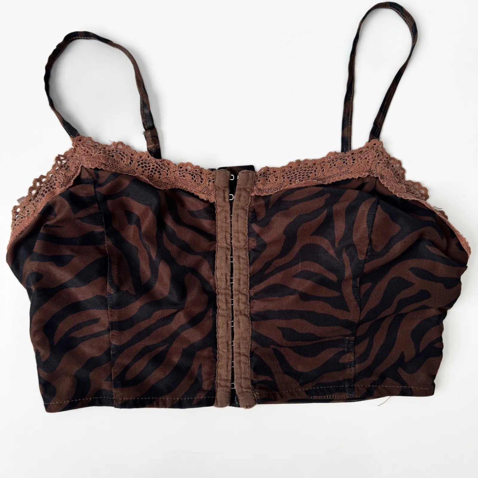 Y2K Zebra Print Cami Top Lace Trim Corset Style Brown Sleeveless‎ - Image 4