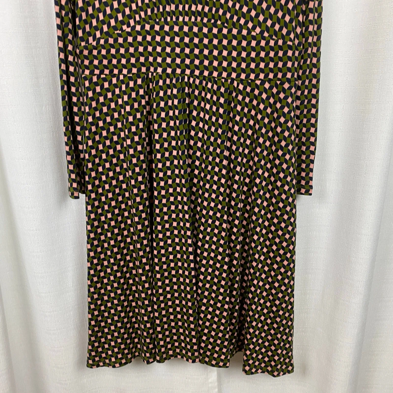Boden Olive Green&Pink Abstract Diamond Long Sleeve Jersey Thea Dress Sz.12R Green Size 12 - Image 6