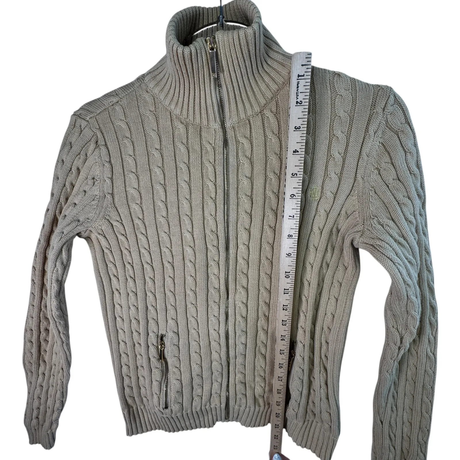Ralph Lauren Womens Sz S Tan Cable Knit Cotton Full Zip Sweater Preppy Classic - Image 6