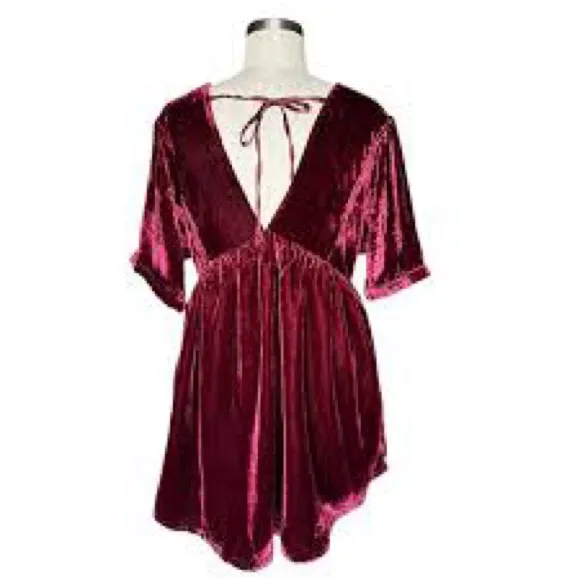 Free People Red Velvet Ivy Mini Baby Doll Vneck Dress XS - Image 4